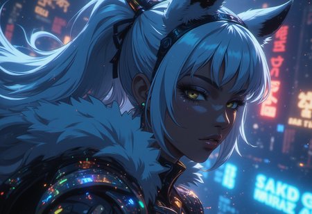 detailed anime 2.5d style, dynamic angle, (action scene), (dark skin), close-up, happy, score_9, score_8_up, score_7_up, [score_6_up], source_anime BREAK solo, cinematic movie sequence, ordinance, fierce tsurime eyes, white fox girl, animal ear fluff, (fluffy hair), medium hair, attractive, yellow eyes, picturesque, sporty, (dark skin), warrior, (all tan theme:1.3), mature female, fluffy tail, (white) combat armor, (vibrant [rainbow] iridescent light particles) BREAK [head_tilt], epaulettes, (dark_skin, dark-skinned_female), animal ears, blurry background, depth of field, frosted_glass, silhouette jungle skyline, spec ops, [bokeh], 1girl, high quality detailed very long hair, (admiral), white hair, winter scenery, overlooking, (fluffy hair), big hair, fluffy (fox ears), hair between eyes, yellow-gold eyes, see-through sleeves, soft [realistic] texture, (sideways_glance), (looking to the side), blurry background, white fur-trim, black (digital technological neon circuit bodysuit combat uniform), [camouflage], best quality, amazing quality, very aesthetic, absurdres, high quality, hd, 8k, high octane render, pixel density BREAK (dark theme:1.2) <lora:zavy-cntrst-sdxl:0.85>, Night, special emitting [glow eyes], dimly lit