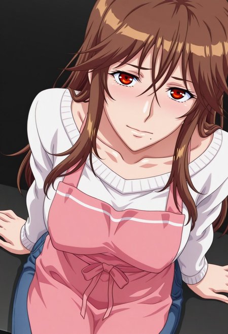 (anime screencap:1.2), (anime coloring:1.2), perfect quality, best quality, absolutely eye-catching, masterpiece, absurdres, (((simple black background))), dynamic lighting, cowboy shot, looking at viewer, 1girl, solo, eroskyouko, red eyes, long hair, brown hair, hair between eyes, mole under mouth, collarbone, sweater, white sweater, apron, pink apron, pants, denim, sitting, from above
