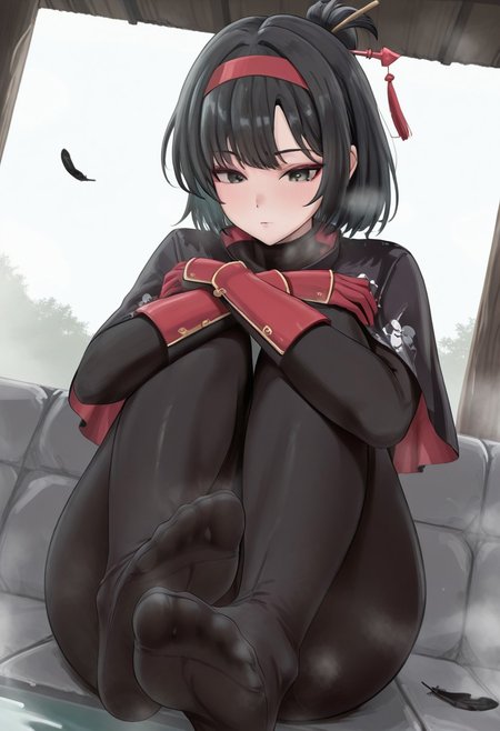 acmecchio, outdoors, undershirt, falling feathers, black bodysuit, hair stick, hugging knees, knees to chest, gauntlets, eyeshadow, red gloves, two sides up, black capelet, red hairband, black eyes, 1girl, solo, feet, visible breath, dynamic angle, foreshortening, smell, steam, onsen, water