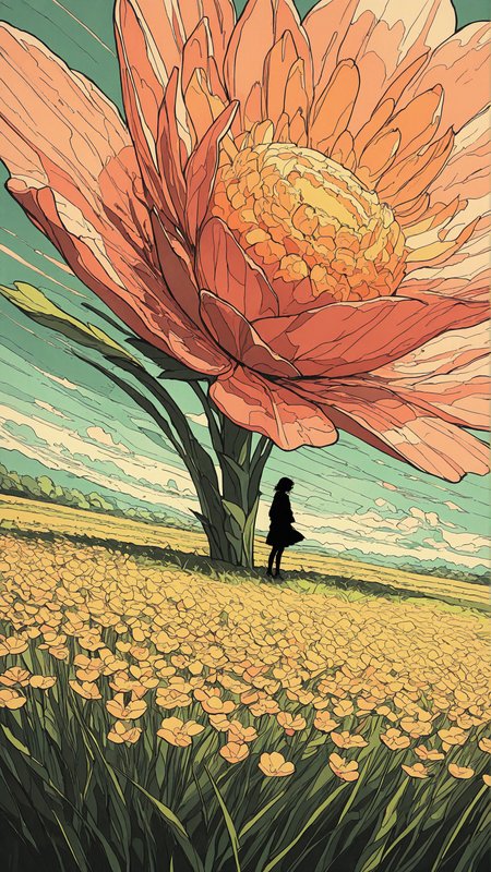 masterpiece, absurdres, (lineart:0.8),  ligne claire, impressionism,
1girl, oversized flower, flower field, grass, dynamic angle,