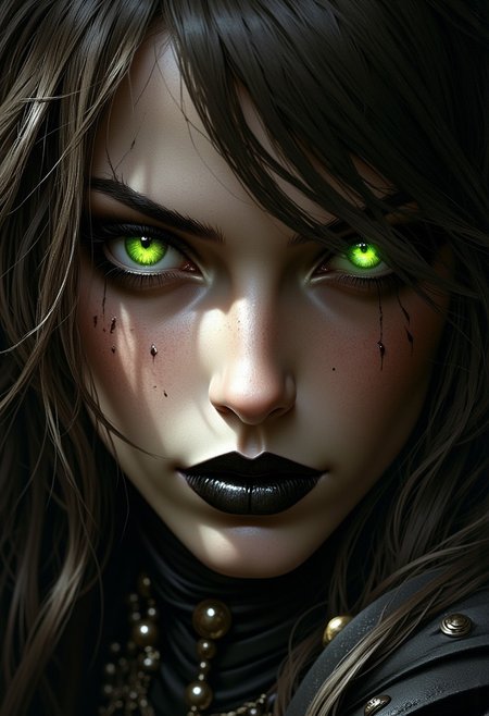 close up on face, great lighting, intricate detail, portrait of a female figure with fair skin. She has a piercing emerald green gaze. Her wavy dark brown hair frames her face. Her lips are beautiful and express a confident superiority. She wears black lipstick. High Detail, Perfect Composition, realistic photographic image, interesting backlighting, ArsMJStyle, dnddarkestfantasy, mythp0rt