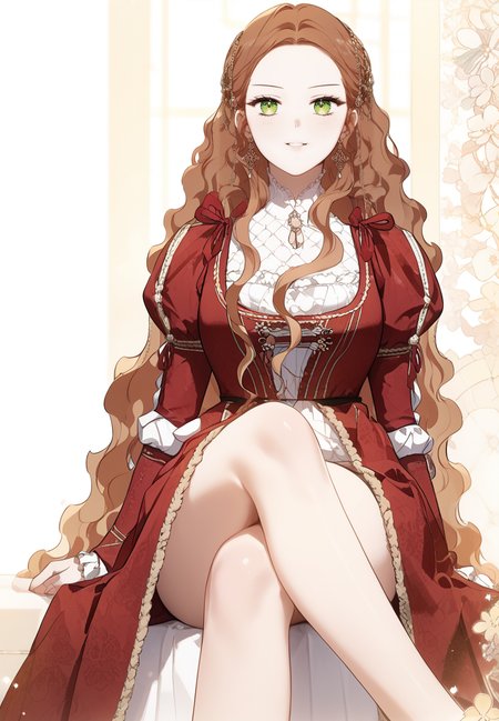 zPDXL3, score_9_up, score_8_up, score_7_up, (Anime_source),Masterpiece,(perfect female body:1.2), small waist, (incredibly detailed:1.4), slim, beautiful fingers, beautiful white skin, Beautiful clear skin, (large breasts:1.4) looking at viewer, big breasts, ass, perfect ass,  <lora:Florentia_Lombardi_-_Ill_Be_the_Matriarch_in_This_Life-Kaleid_PONY:1> florentialombardi, 1girl, long hair, wavy hair, green eyes, brown hair, long sleeves, red dress, neckline, parted lips, light smile, hair ornament, sitting, crossed legs, bare legs,