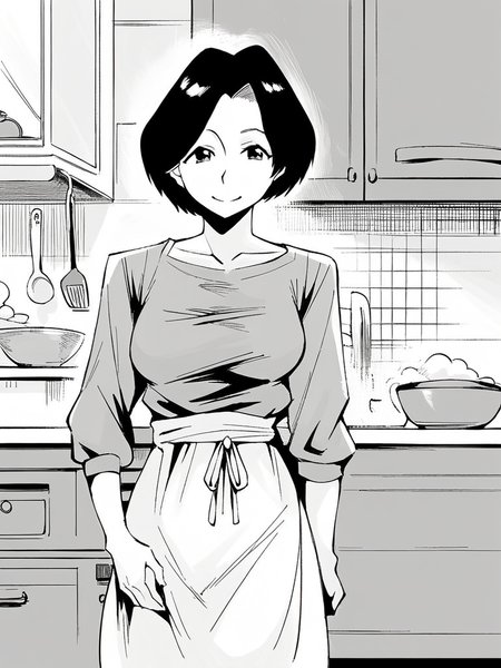 score_9, score_8_up, score_7_up,  
1girl,  monochrome, okada sakiko, medium hair, parted bangs, black hair, mature female, medium breasts,


standing, indoors, kitchen, smile, looking at viewer, grey t-shirt, long sleeves, skirt, white apron, 