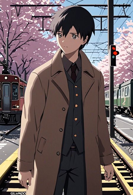 Highres, Masterpiece, High Quality, 4K, 8K, solo, 1Boy, Takaki Toono, adult, black hair, short hair, brown coat, trousers, passing train, railroad crossing, cherry blossoms, easynegative, detailed_eye_model