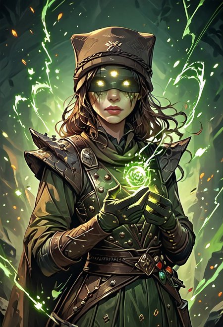 ((zPDXL3)), ((masterpiece,best quality, highly detailed)), ((score_9)), score_8_up, score_7_up, score_6_up, score_5_up, score_4_up, Digital painting style, brushstrokes, ((EnhanceImage)), solo, 1girl, erismorn, glowing eyes, makeup, hat, armor, gloves, blindfold, pauldrons, covered eyes,
Expressiveh, 30yo, 
chinese magical sorceress, animated, swirling green magic, wisps of green magic, magical accessories, evoking motion, conveying motion, dynamic splash art, ((handfixer)), four fingers, one thumb, detailed background, 
<lora:PainterlyFantasiaPDXL:0.6>,