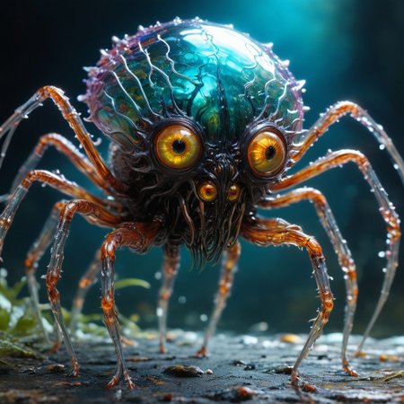 bioengineered glass spider monster, many legs, spindly legs, lots of eyes, (transparency:1.4), (detailed cybernetic implants fused with organic matter), visible organs, visible brain, full body, hundreds of tiny eyes,  (with intensely vibrant swirling colors:1.3), realistic photo,  artialien, looking at viewer