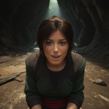 Lara croft, tomb raider, outside cave, sitting, jacket and shirt, happy, pov body, pov close, head shot