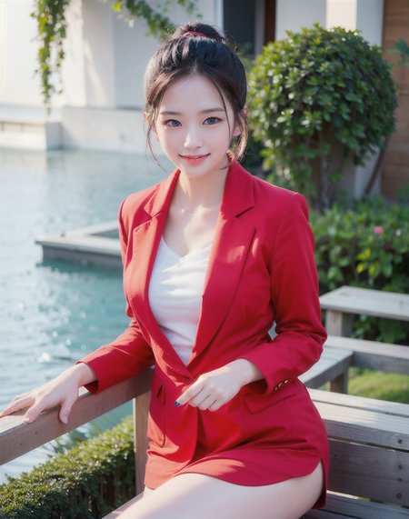 random posture, (An extremely delicate and beautiful work), (masterpiece), 1girl,  highly detailed,  ponytail contorted, charming expression, beautiful and clear eyes, blue eye pupil, fairy ears,  extreme detail description, beautiful, charming, ultra-fine painting, delicate face, delicate figure, Fine collarbones, lovely lips, beautiful breasts, soft behind,(8k, RAW photo, best quality, masterpiece:1.2), (realistic, photo-realistic:1.37),cute, professional lighting, photon mapping, radiosity, physically-based rendering,medium breasts,full bodyscene,full bodyview,full body,perfect anatomy,slim,slim hip,idol,korean,Perfect body,thin,stand,elegant face,smile,(depth of field:1.4),full body shown,shown full body scene,legs,from above view,looking at viewer,solo,water,wet,soak,<lora:beautifuleyeslikeness_halfBody:0.2>,full body pose,smile,yujin,<lora:iveYUJIN_yujinV1:1>,red coat,red suit,