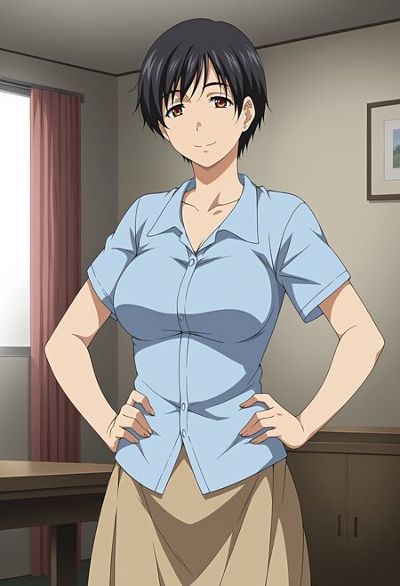 <lora:Chihiro-Houkago_Initiation:0.8>,Chihiro,mature female,1girl,solo,black hair,short hair,brown eyes,breasts,shirt,skirt,hand on own hip,cowboy shot,looking at viewer,indoors,smile