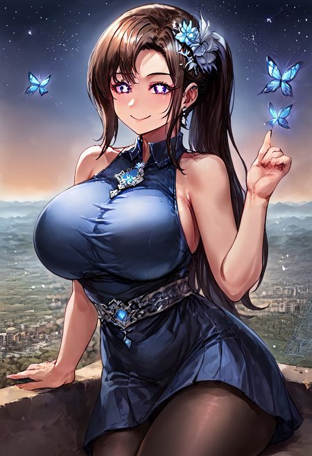 gorgeous lips, cinematic, (masterpiece), (best quality), (ultra-detailed), very aesthetic, perfect composition, intricate details, absurdres, detailed face, (anime, masterpiece, intricate:1.3), (best quality, hires textures, high detail:1.2), score_9, score_8_up, source_anime, 1girl, mother_sv, brown hair, ponytail, very long hair, symbol-shaped pupils, eyelashes, flower crown, dress skirt, black pantyhose, sleeveless, no sleeves, butterflies, alternate_costume, large breasts, hand on breasts, facial expression, flirting, amused, smile, head tilt, soft eyes, goddess, planet size, giantess, giant goddess, humongous body, sitting down, sitting on building, city, in the city, towers, surrounded by towers, small planets, floating objects, gradient eyes, beautiful detailed eyes, night, starry sky, Side view, (masterpiece:1.4), (best quality:1.4), (ultra-detailed:1.2), gl0w, glow, Extreme Size Difference,
