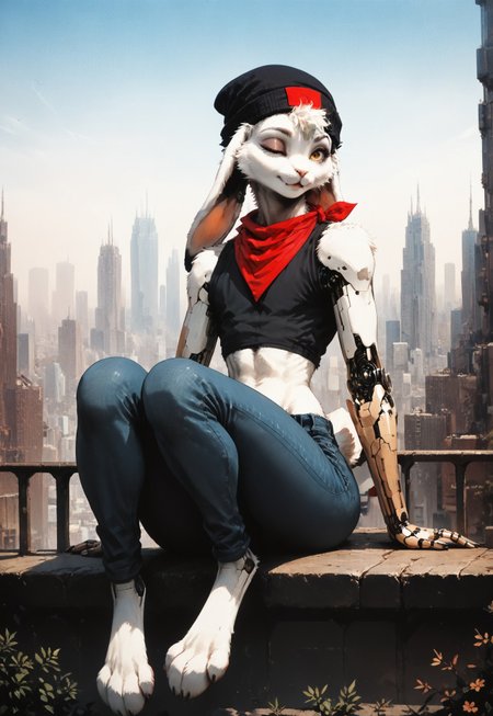 safe_pos, score_9, score_8_up, detailed background, solo, 
1boy, femboy, Rem-E, Furry bunny boy, one eye closed, crop top, jeans, cybernetic arms, sitting on balcony, legs up, beanie, bandana,
outdoors, cityscape,
asthtc