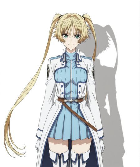 official art, absurdres, highres, anime coloring, hi res, best quality, masterpiece, 2d, intricate details, 4k,
1girl, nose, eyelashes, long hair, green eyes, blonde hair, hair between eyes, twintails, very long hair, floating hair, 
breasts, shirt, gloves, white gloves, coat, blue shirt, 
skirt, pleated skirt, open clothes, belt, miniskirt, blue skirt, thighhighs, white thighhighs, zettai ryouiki, jacket, boots, uniform, thigh boots, hite footwear, 
cowboy shot, looking at viewer, facing viewer, 
depth of field, white background, shadow, <lora:Angelica_Diarmuit_ILXL:1>, shinmai ossan bokensha, angelica diarmuit,