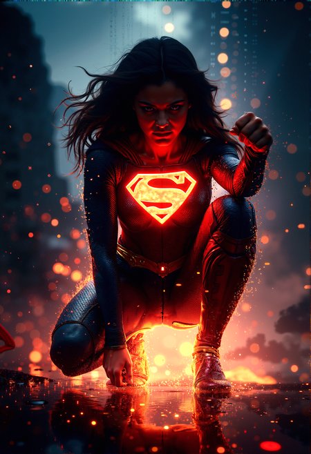 A photorealistic scene of Superwoman with her iconic 'S' emblem glowing, her body merging into the digital void below her, as binary code cascades from her form, symbolizing the fusion of strength and cybernetic power.

Superwoman crouched in a ready stance, one fist on the ground and the other raised defensively, as her legs dissolve into a cascade of 1s and 0s, symbolizing her integration with the digital world.

Subtle, glowing reflections of the digital code on Superwoman’s suit, adding a sense of integration between her physical form and the cybernetic environment.

Over-the-Shoulder Shot: An over-the-shoulder shot from behind Superwoman, capturing her view of the digital world she’s merging into, with her silhouette framed against the glowing code.

cinematic lighting, extremely intricate detail character, accurate depiction of character, correct body anatomy, correct hands and fingers, extremely intricate skin and facial texture detail, design,lifelike potrayal, extrememly realistic lighting, extreme dynamic pose, sfw, fully clothes, sharp background detail, wide shot











