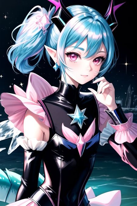 EvlSM, DarkPrecure, Bad_End_Precure, (edgBB_woman,edgBB_face,edgBB_body,), professional image of a cute young woman, (frilly elegant glossy dark holographic dress, crescent brooch, crescent earrings, crescent accessories:1.2),
(blue water dragon horns, blue water dragon tail:1.3), (short hair, side ponytail, hair above cheeks, light blue hair with light pink hairtips, gradient hair, multicolored hair:1.4), red eyes, (small breasts, cute face, innocent, shy, pointy ears:1.1), (sparkles, sparkling clothes, sparkles near eyes:1.3),
(intricate aquatic background, underwater, sparkling water, ocean floor, corral reef, bubbles:1.2), 
(ultra wide angle shot, cinematic style, absurdres, incredibly absurdres, huge filesize, extremely detailed, High quality texture, physically-based rendering, Ray tracing, octane render, sharp focus, (8k), (4k), (Masterpiece), (Best Quality), extremely detailed, intricate, hyper detailed, illustration, soft lighting, high resolution, sharp detail,)