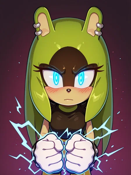 <lora:Surge_the_Tenrec_NS:1> surge the tenrec, looking at viewer, hair down, blush, glowing eyes, expressionless, electrokinesis,, masterpiece, best quality, amazing quality, very aesthetic, absurdres, new, newest,, <lora:Sonic_Channel_illu_2.5b:0.85> sonic channel \(style\), BREAK <lora:EvanStan-Illustrious:0.85> evnstnly