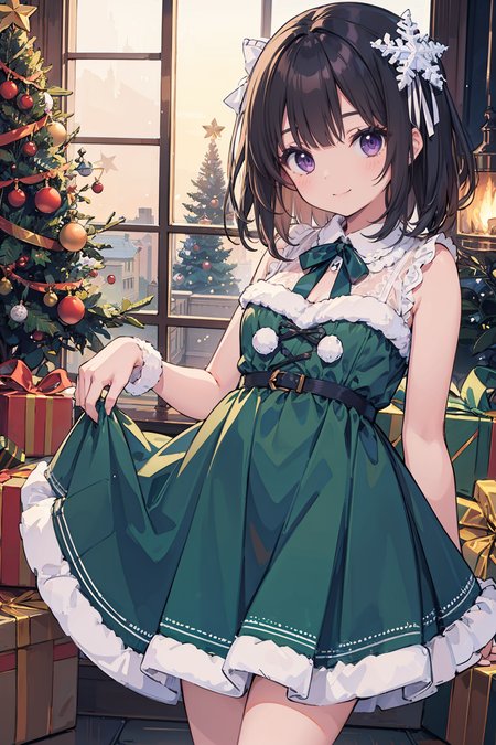 masterpiece,  1girl,  black hair,  medium hair,  small breasts,  purple eyes,  christmas,  xmas,  christmas clothes,  ribbon,  frill,  lace,  dress,  smile