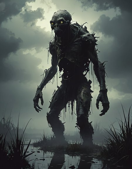grunge style creature coming out of the dark, Ashley Wood, Kekai Kotaki, Oscar Chichoni, dark environment, fog, clouds, swamp, high contrast