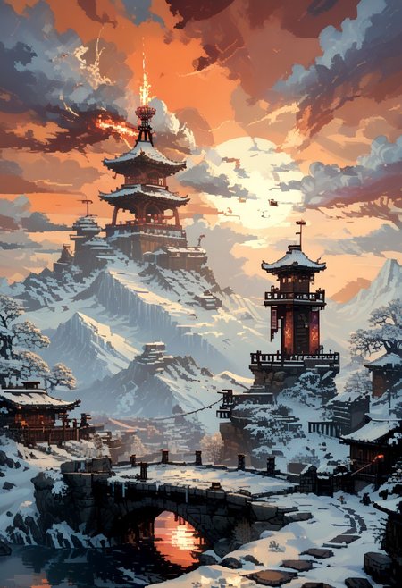 score_9, score_8_up, score_7_up, yamer_pixel_fusion, pixel art, 
A Chinese dragon wrapped around The summit of a snowy mountain, reached only by the most devoted. A stone platform overlooks the world below, where rituals are held to call upon the power of the wind and sky, surrounded by towering ice spires., 
in the style of a vintage, high-contrast setting, dark and mysterious atmosphere. Resplendent spotlighting, Emphasize theatrical elements with bursts of bright colors against dark, moody backgrounds
, retro futuristic, atompunk, hyper-detailed, scifi, lofi, d3p1x3l, pixel art