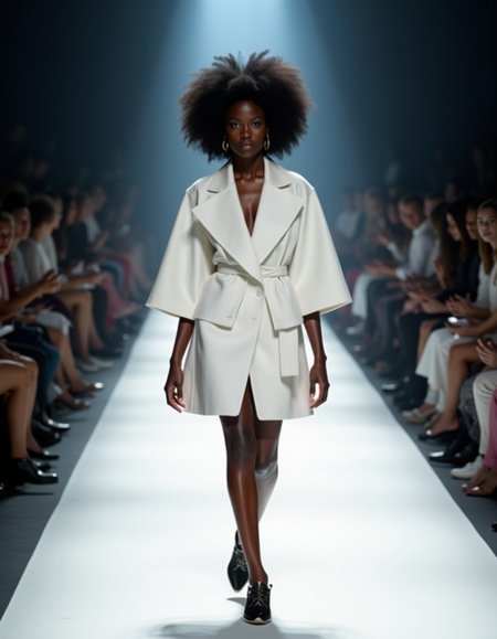 fashion catwalk, lighting, photo, 
Women wearing white box shaped outfit, round afro hair, black skin,
