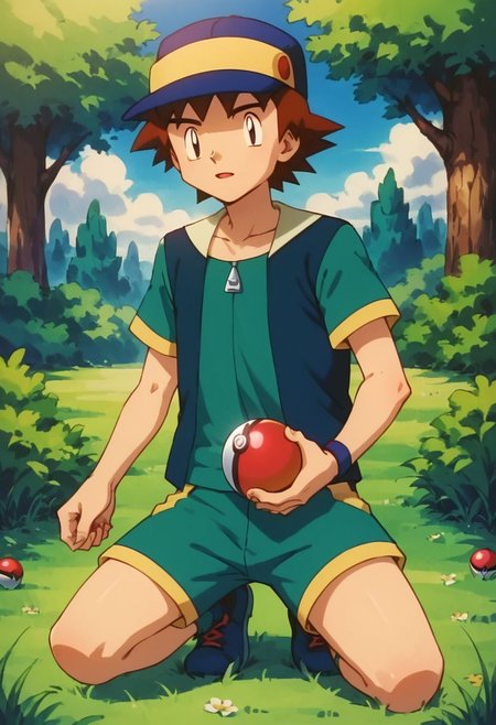 score_9, score_8_up, score_7_up, source_anime, highly detailed, 1boy, solo, male_focus,
richie_poke, open eyes, focuses, on one knee, short pants, t-shirt,
tall grass, woods, hold, one hand holding poke ball, satisfaid, looking at poke ball,
day,