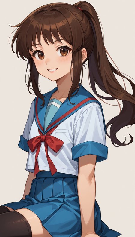 score_9, score_8_up, score_7_up, source_anime, ,  <lora:Kyonko:0.8> 1girl school uniform, kyonko, , blue sailor collar, ponytail, summer uniform, blue skirt, black thighhighs, serafuku, brown hair, long hair, red ribbon, short sleaeves, zettai ryouiki, brown eyes, smile, simple background