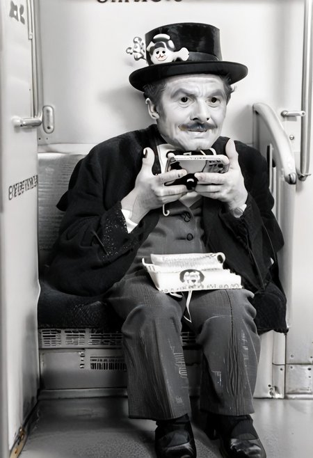(((black and white, legsonthetra1n, from front, sitting across from viewer, train interior, holding phone, leg focus))),((small man with mustache, top hat, kenbis, chibi, chibi, male only, male, male chibi, monocle, art deco, thick mustache, comically large mustache, handlebar mustache, tiny, multiple men, shrunk, microxl, some little guys,  high angle, from above)), bwMovies, realistic, photo, vintage photo, ((very small man, small man, a small man, a man who is small, a small man)), an unapologetically small human male, black and white, smiling, very happy, euphoric, ecstatic, wonderful small men, large smile, huge smile