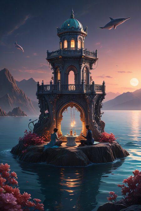 metropolis-themed A talking teapot in an underwater city setting with a romantic tone. The talking teapot, adorned with shimmering pearls and iridescent scales, perches on the edge of a moonlit grotto within the underwater city. The gentle glow of jellyfish lanterns illuminates the scene as the teapot pours a steaming cup of seaweed-infused tea for two lovers sitting on a nearby throne-like rock. The couple's faces are aglow with the soft light, their eyes locked in a tender gaze as they sip their tea and whisper sweet nothings to each other amidst the soothing sounds of ocean currents and distant whale songs. urban, cityscape, skyscrapers, modern, futuristic, highly detailed