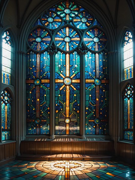 mad-circuit stained glass window in a church, lightray, cinematic shot  <lora:Coloruful_Circuit_SDXL_v2:1>