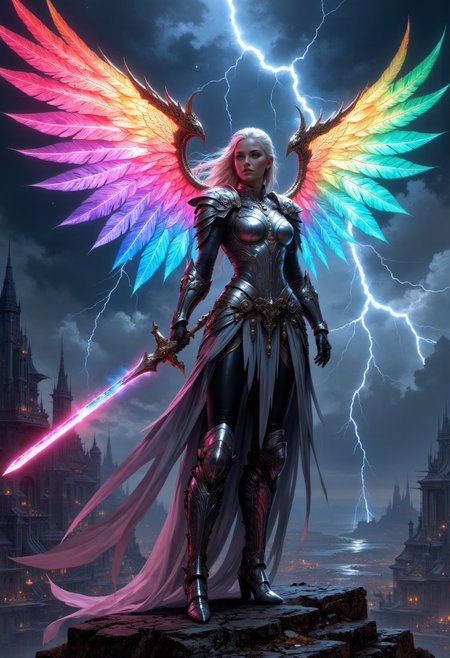 ethereal fantasy concept art of  psychedelic style close up portrait of A  beautiful Asgardian warrior woman poses dynamically with glowing, ethereal wings arching from her back. The wings are large and feathered, radiating a mesmerizing glow that shifts from vibrant rainbow prismatic colours , as if woven from pure energy. Each feather appears semi-transparent, catching and reflecting light with a crystalline effect, casting a magical aura. Her wings pulse gently with a mystical light, accentuating her fierce, otherworldly presence. Dressed in ornate, silver Asgardian armor with intricate engravings, she holds a mighty prismatic sword pointing her sword at the viewer, while her other hand rests confidently on her hip,  background of  a dramatic fantasy godlen city under a stormy sky, illuminated by flashes of lightning. The overall scene is majestic, with an aura of ancient power and celestial beauty
, low-key lighting, atmospheric haze, underexposed, cinematic darkness, deep shadows ., <lora:artisketchyfs-v02:0.7> <lora:FluxMythV2:0.7> . shallow depth of field, vignette, highly detailed, high budget, bokeh, cinemascope, moody, epic, gorgeous, film grain, grainy . dark, mysterious, haunting, dramatic, ornate, detailed . vibrant colors, swirling patterns, abstract forms, surreal, trippy . magnificent, celestial, ethereal, painterly, epic, majestic, magical, fantasy art, cover art, dreamy