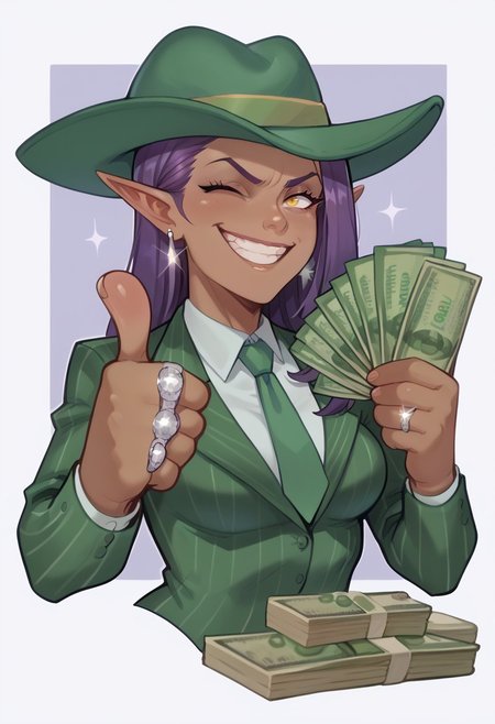 score_9, score_8_up, score_7_up, score_6_up, BREAK
<lora:gangstersb-guy-PONYv1:1.0> gangstersb, thumbs up, one eye closed, grin, smile, money, holding money, portrait, cropped torso, ring, formal, hat, green headwear, necktie, suit, striped, dark skin, earring, elaishasorn-dh, long hair, medium breasts, pointy ears, purple hair, yellow eyes, <lora:Elaisha_Sorn_Subverse:1.0> <lora:Lilandava_PDXL:0.8> lilandavastyle