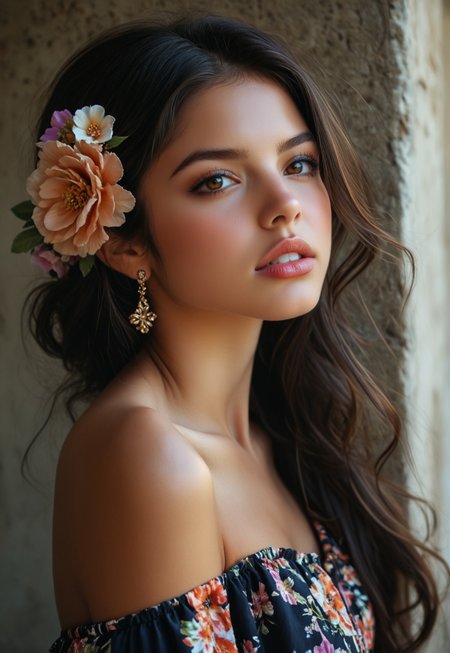 (((score_9, score_8_up, score_7_up))), ((( highly detailed, masterpiece, perfect, detailed, hd, pretty, )))
,
(( Melissamb, flower, hair ornament, hair flower, jewelry, earrings, black hair, long hair, brown eyes, parted lips))
,
((( 1girl, solo, )))
,
((( )))
,
((( Standing, ))) 
,
((( Face close-up )))
,
(( Town, street))
,
((( )))
,
()