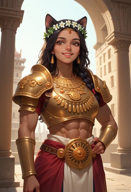 score_9,score_8_up,score_7_up,score_6_up,cowboy shot of a muscular brown-skinned girl with black hair and prominent dog ears, wearing a simple armor. She stands in an ancient city, with towering marble columns and intricate stone carvings in the background. The lighting is warm and golden, casting a soft glow on her form. She holds a laurel wreath in one hand and rests the other on her hip, her pose exuding confidence and grace. Her eyes sparkle with curiosity, and a gentle smile plays on her lips. The composition captures her enchanting presence, with the historic cityscape enhancing the timeless atmosphere.