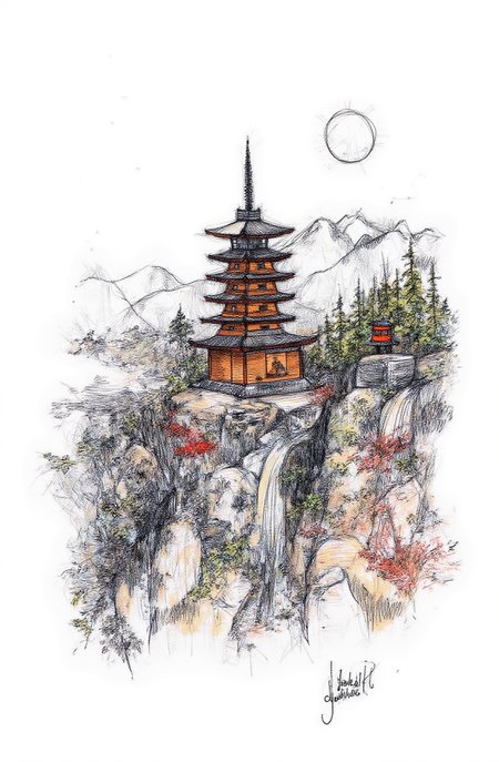 Sharp image of a rough sketch, rendered in vibrant multi colour ballpoint pen, capturing the adorable features of a black and white illustration of a traditional Japanese pagoda on a rocky hillside. The pagoda is a tall, ornate structure with multiple levels and a pointed roof. It is surrounded by trees and shrubs, and there is a small waterfall cascading down the side of the hill. In the background, there are mountains and a full moon. The overall mood of the image is peaceful and serene.  p3nsk, <lora:p3nsk:1>