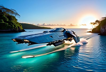 photograph, smooth, sleek, battle (WipEout anti-gravity craft), (split-front:1.3), landing in the waters of a lagoon, tropical island, blue sky, sunset, sharp, high detailed, realistic, scifi, futuristic, science fiction, sharp focus, masterpiece, best quality