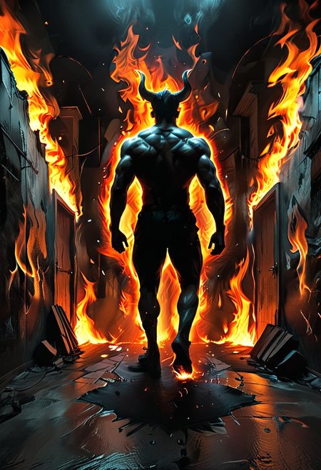<lora:flame silhouette:1>,  <lora:flame:1>, flame,
fullbody, full body, back view, <lora:Super perspective and fight stance:0.8>, ((super low perspective)), low perspective, ((fisheye)), dark atmosphere, dark shadow, deep shadow, shadow,  Super perspective,fisheye, wide shot, foreshorten, lighting stance, (fire around), ((fiery footprints)),
Man with demon horns in black shorts walking away from the long dark office corridor, Adult, Mesomorph Muscular body, short Muscular neck, Rectangle faces, broad Muscular shoulders, Muscular fitness arms,  black short combed back hair,  Angular jawline,  Designer Stubble black whiskers, triangular black hair beard, Muscular fitness ass,  Athletic thighs, Muscular fitness legs,  big muscles,  dark black skin,
((burning walls)), ((fire on the walls)),
<lora:Camera Perspectives (507):1>,  from below, foreshortening, perspective,
graphic style of novel comics, perfect hands, 2d,
8k, hyperrealism, masterpiece, high resolution, best quality, ultra-detailed, super realistic, Hyperrealistic art, high-quality, ultra high res, highest detailed, lot of details, Extremely high-resolution details, incredibly lifelike, colourful, soft cinematic light,