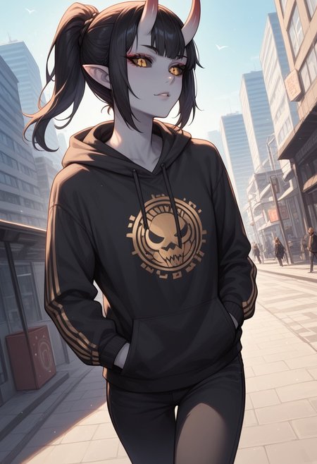 score_9, score_8_up, score_7_up, score_6_up, rating_questionable, 1girl, Polly, PollyRH, oni horns, pointy ears, colored sclera, third eye, black sclera, slit pupils, grey skin, long black hair, ponytail, gold eyes, HD32k, dynamic pose, aesthetic, perspective, solo, detailed, sensual look,  walking, black print hoodie, pants, city, angle shot, hands on pockets, looking away, pensive