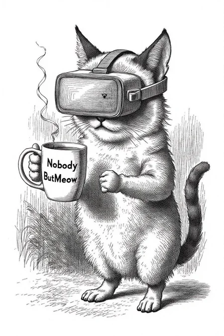 joten1 illustration.
Grumpy Cat holidng a coffee mug, wearing a VR Headset. The mug has the phrase "NobodyButMeow"  <lora:joten1_cap_d6a3e12:1.0><lora:821754113047084416:0>