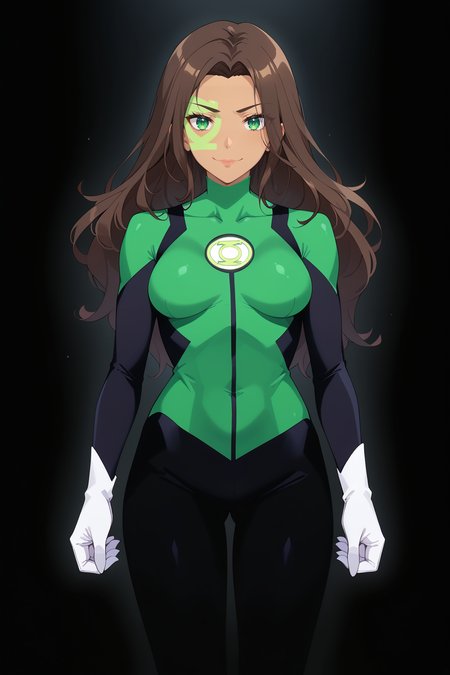 score_9, score_8_up, score_7_up, source anime, prefect lighting, very aesthetic, BREAK, 
 <lora:jessica_cruz_v1-pdv6:0.9>, 1girl, green lantern, green eyes, brown hair, long hair, dark skin, facepaint, medium breasts,
supcruz, superhero, black bodysuit, green bodysuit, white gloves, white footwear,
BREAK, looking at viewer, light smile, 
BREAK,