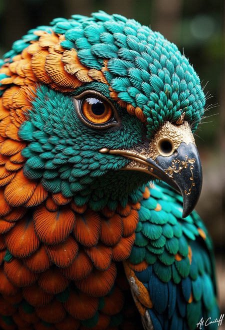 Extreme close-up, 180-degree fisheye lens distortion, very shallow depth of field. A fantastical bird with iridescent turquoise and orange feathers, intricately patterned with gold filigree, gazes intently at the viewer with its piercing amber eye. The bird's plumage is rendered in exquisite, almost photorealistic detail, with each scale and feather individually textured and colored. Anime-inspired style with vibrant, dreamlike colors and a sense of dynamic movement., l1n0c2t<lora:CustomFlux/MysticRealism.safetensors:1.0:1.0> <lora:Flux/Linocut - s1 g4.safetensors:0.5:0.5>