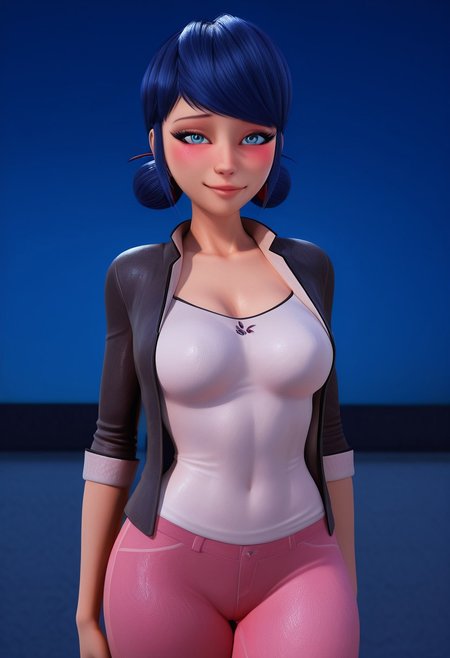 masterpiece,best quality, detailed background, 3d, realistic, ryanreos, 22 years old, mature woman, adult, tall, solo, imtdmarinetteillus, 1girl, blue eyes, blue hair, medium length hair, swept bangs, hair up, hair stick, sensual stamce, double bun, shirt, pants, jacket, pink pants, capri pants, sleeves rolled up, medium breasts, wide hips, thick thighs, blush, seductive smile, cowboy shot, night, moonlight,  <lora:RyanreosILv4:1> full body, sexy stance, sensual stance, sensual posture,, looking at viewer,