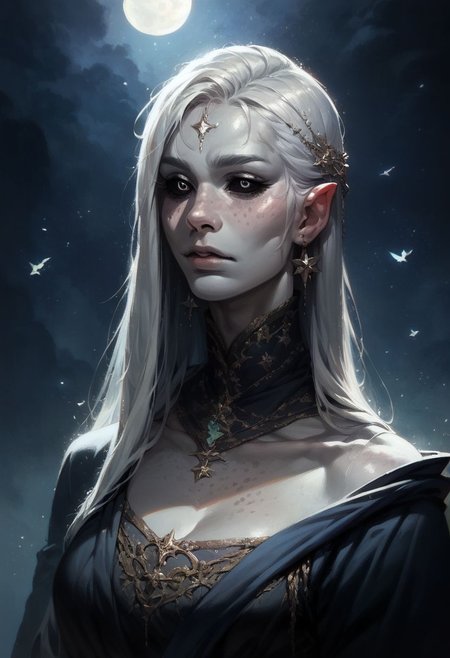 score_9, score_8, score_7_up, score_6_up, rutkowski style, eldenscene, female witch with grey skin and starry freckles, black eye sclera and silver irises, long silver hair and eyelashes, dressed in flowing robes, wearing a starry veil, night sky background