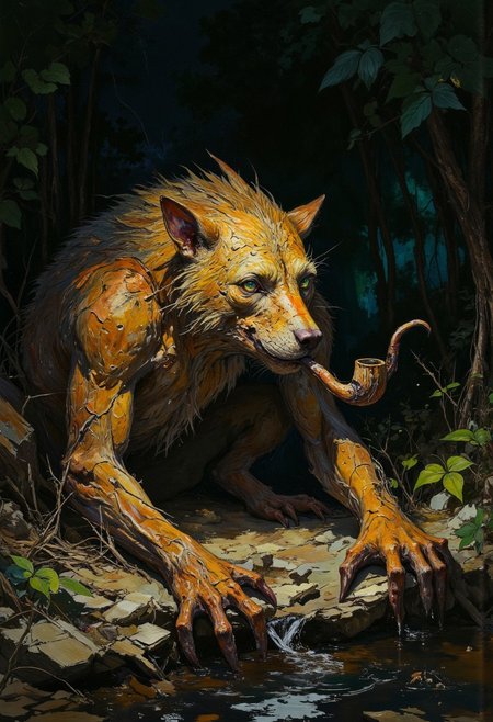 Screen grab from a 1940s dark fantasy movie, wizard of oz style color, occult, A hulking, wolf-like creature with jagged, paper-mâché fur and glowing green eyes rests by a glue-black stream, chewing on a long, twisted pipe carved from driftwood. It travels endlessly through the wastelands, dragging a cart filled with scraps of glowing metal and paper, offering trinkets to wandering souls