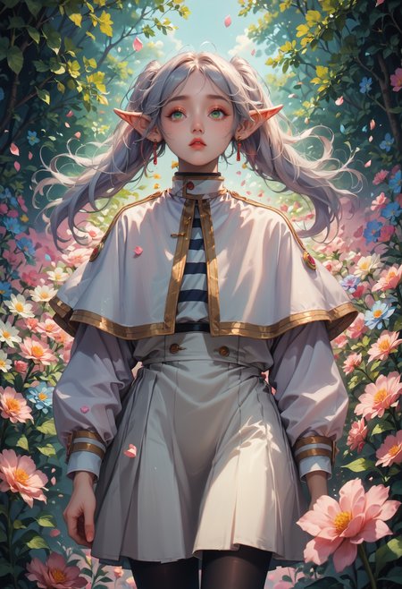 score_9,score_8_up,score_7_up,flower field,flowers,petals,colorful,plant,<lora:frieren-ponyxl-lora-nochekaiser>,frieren,long hair,twintails,green eyes,grey hair,pointy ears,elf,shirt,long sleeves,jewelry,pantyhose,earrings,striped,black pantyhose,capelet,striped shirt,skirt,white skirt,tears,floating hair,black striped,zPDXL2,<lora:add-detail-xl:1.5>,<lora:flowers:0.8>,valentinenaturestyle,looking to the side,streaming tears,<lora:nostalgic_east_1.1:0.8>,flower,<lora:Dreamyvibes artstyle SDXL - Trigger with dreamyvibes artstyle:0.8>,Dreamyvibes Artstyle,