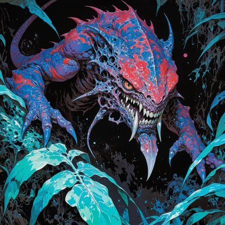 creature focus, hyper-realistic, photo-realistic, very aesthetic, ethereal and otherworldly scenery on a distant planet, extremely detailed, ultra high resolution, famous artwork inspired by larry elmore and phil foglio, movie poster style, dark background, famous for its silky shiny fur is the mystical and fascinating predator known as "lumbering fouldemon", it is a jungle-dwelling species, its tinkersnuffed expressive eyes are gleaming with intelligence as it nurglefizzles for the perfect moment to strike while hiding in the fyrbled shadows of the primordial planet "nyxsphere v", dappled lighting, golden ratio, the color palette is predominantly dark amethyst purple and scarlet and deep teal and obsidian black and ultramarine blue and taupe, ovg, in the style of ckpf, frank frazetta, amanoer, <lora:style-frank_frazetta-flux-by_artikuz_ai:0.36> <lora:style-yoshitaka_amano-elden_ring-flux-by_alicient:0.72> <lora:style-painterly_fantasy-flux-by_chronoknight:0.72> <lora:style-retro_anime-flux-by_lizardman245:0.2>