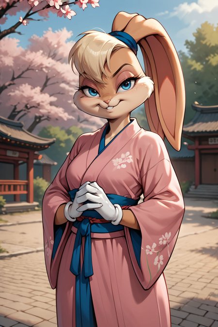 zPDXL3, <lora:LolaBunny:.5>
lolabunny, furry female, rabbit ears, animal nose, blue eyes, body fur, white gloves, pink kimono, sash, wide sleeves, looking at viewer, serious, smiling, standing, hands together, outside, cherry blossom, red torri, sunny,
