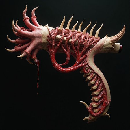 This nightmarish weapon is crafted from living flesh and distorted bone, its barrel a pulsating artery, intertwined with sinewy tendons and held together by grotesque patches of stretched skin. The grip is a cluster of jagged, claw-like fingers, each bone exposed and glistening with fresh blood, while the stock is a twisted spinal column, pulsating with a sickly glow, connected by strands of exposed nerves that twitch faintly. Blood vessels run along the weapon’s surface, oozing dark, thick fluid, as the entire creation appears to be on the verge of writhing to life, a horrific amalgamation of flesh, bones, and decaying tissue.