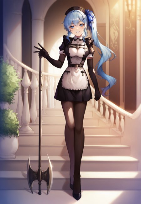 safe_pos, score_9, score_8_up, score_7_up, score_6_up, masterpiece, high quality, 1girl, tall_girl,long_legs, Beautiful Finger,<lora:Hand v3 SD1.5:1>, Hand, Perfect hand, Detailed hand, perfect face, expressive eyes, perfect balance, detailed face, perfect lighting, newest, best quality, absurdres, highres, very aesthetic, Colorful, eyebrows visible through hair, SimplePositiveXLv2, full view, 200 cm tall, full body, full body shots, cowboy shot, looking at viewer, looking down, 1girl, HoshimachiSuisei, side ponytail, long side pony tail:1.4, blue hair ribbon, SuiseiMaid, long hair, black nurse cap, double-breasted grey apron, chest belt, elbow gloves, crinoline, black pantyhose, high_heels, very long legs, narrow waist, elegant, light smile, indoor, in a grand castle, luxury palace, scenery, looking at viewer, grin, walking down stairs, stairs, holding long axe, hunter's axe, walking, waving