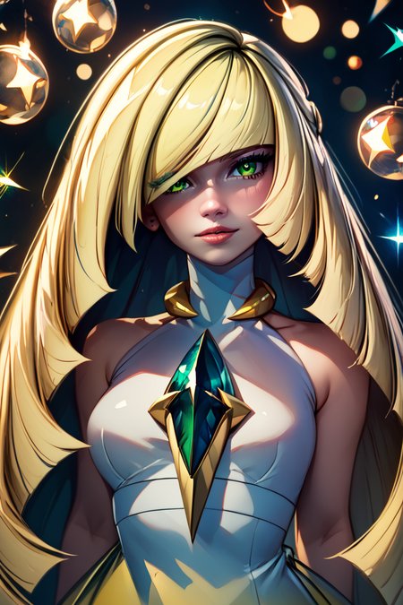 score_9, score_8_up, score_8, medium breasts, (curvy), cute, eyelashes,       ,,, , ,,, zzLusamine, green eyes, hair over one eye, blonde hair, long hair, very long hair, white dress, sleeveless dress, bare arms, bare shoulders, diamond (shape), green gemstone,  <lora:Lusamine_Pokemon_PDXL:1.0>,  ,,,, BREAK,  (ultra realistic,32k, masterpiece:1.2),(high detailed skin:1.1),( high quality:1.1), head tilt, lips, closed mouth, shiny clothes, (upper body), looking at viewer, bokeh, luminescent background, ,,, embedding:zPDXL, Expressiveh, ,,, <lora:RlAnmPDXL:1.0>,