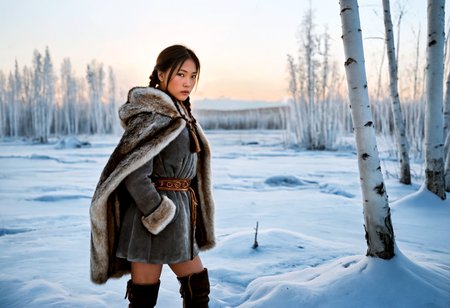 Stable_Yogis_PDXL_Positives, ziprealism, A professional photography in Steve McCurry stvmccrr style, rich colors, cultural portrait, Siberian-Asian, Amid the vast, ice-covered terrain of Siberia, a young female hunter is poised, her form standing tall in the middle of a dense forest of frost-covered birch trees. The early morning sun casts soft shadows across the snow, highlighting the quiet, untamed beauty of the frozen landscape., Dressed in a woolen tunic dyed in muted gold, the young female hunter wears a fur-lined coat adorned with simple yet elegant patterns. Her high-waisted thigh-high stockings in charcoal gray pair with knee-high leather boots. Her proud-erect stance, toned thighs, and slender form blend seamlessly with the mystical allure of the Siberian wilderness, evoking the resilience of her 17th-century heritage., Her frost-kissed skin, a rich bronze, contrasts beautifully against the pale landscape, giving her a timeless, striking appearance. Her hair, bright and thick, is braided into a series of tight knots, with fur and beads woven into the strands, capturing the essence of both strength and femininity., A pouch of tools hangs from the traditional Siberian huntress belt. A weathered fur cloak billows around her, providing both warmth and protection as she stands against the harsh frosty elements., The landscape is a wild, frozen expanse, with tall birch trees dusted with snow and ice. The ground is covered in a blanket of white, stretching toward the horizon wthe siberian huntresse distant mountains rise in the distance. The stillness of the scene is broken only by the wind, which rustles through the Siberian trees., This portrayal recalls the emotional depth of Konstantin Makovskyâs portraits, while the environmental realism echoes the work of Isaak Levitan. The rich textures of the traditional Siberian huntress attire and the frozen landscape are reminiscents of the artistic mastery of Ivan Kramskoi., <lora:add-detail-xl:1.0><lora:Consistency Corrector XL:0.4><lora:stvmccrr:1>âââ