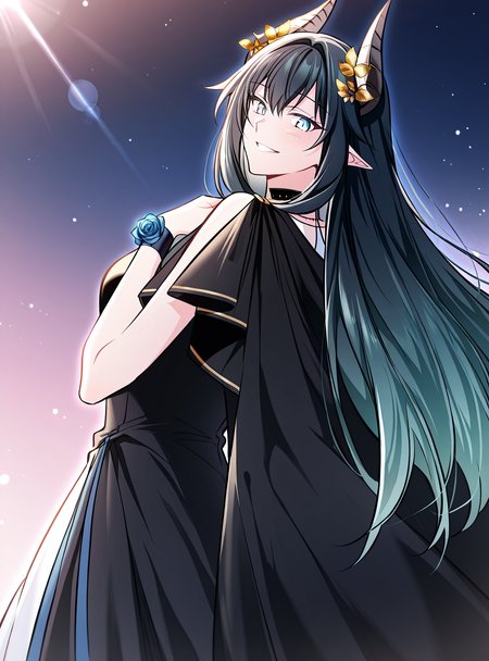 <lora:Regressor_Instruction_Manual__Dialugia:1>
1 girl, solo, long hair, straight hair, black hair, greenish blue hair, gradient hair, bangs, hair ornament, golden flowers, elf ears, horned girl, horns, light blue eyes
white dress, black outer robe, blue lining, blue trim, black cloak, starry cloak, layered outfit, black and gold accents, golden trim, choker, black choker, sleeveless dress, long dress, open cloak, necklace, blue rose bracelet
score_9, score_8_up, score_7_up, very aesthetic, source_anime, detailed, high quality, beautiful, detailed eyes, masterpiece, best quality, absurdres, perfect anatomy, dynamic low-angle shot, looking down while smiling brightly, wind blowing through hair, one hand near chest, flushed cheeks, dramatic lighting from behind, glowing rimlight, cinematic lens flare, soft pinkish background, ethereal atmosphere, anime style